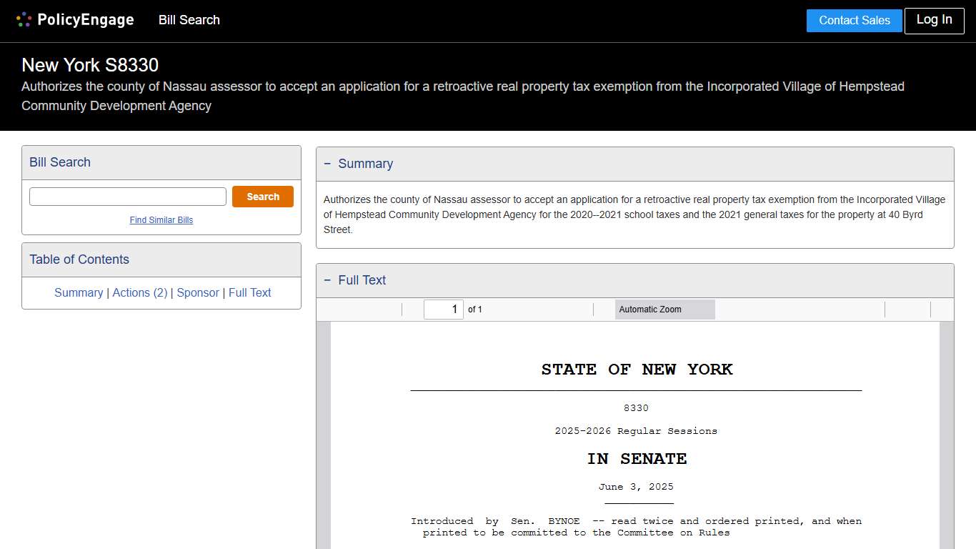 S8330 New York 2025-2026 Authorizes the county of Nassau assessor to accept an application for a retroactive real property tax exemption from the Incorporated Village of Hempstead Community Development Agency - Legislative Tracking PolicyEngage